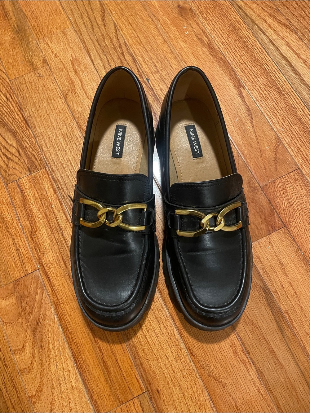 Nine West Black Leather Slip-On Loafers with Gold Link Trim